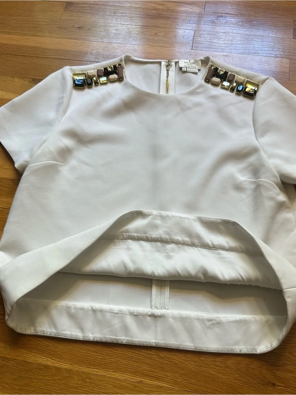 kate‎ spade White Jewel-Embellished Shoulder Blouse